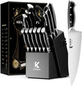 Knife Block Set - KOSROR 15 PCS German Stainless Steel Kitchen Knife Set with Block and Sharpener - Full-Tang Ergonomic Handle Knife Set - Razor Sharp Blades and Dishwasher Safe - ShadowCraft Series