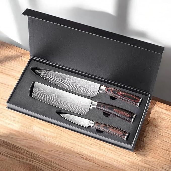 3 PCS Japanese Chef Knife Set – High Carbon Stainless Steel Nakiri Knives, Ultra Sharp Chef Knives, Multi-purpose Kitchen Knives for Precise Cutting, with Stylish Gift Box