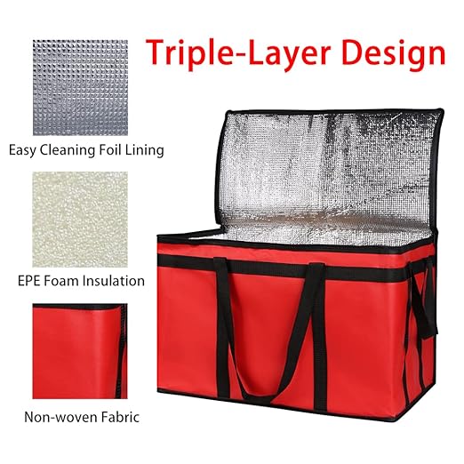 Bodaon 4-Pack Insulated Food Delivery Bag, XXX-Large Meal Grocery Tote Insulation Bag for Hot and cold Food, Commercial, Large Capacity Reusable Warming Bag, Red