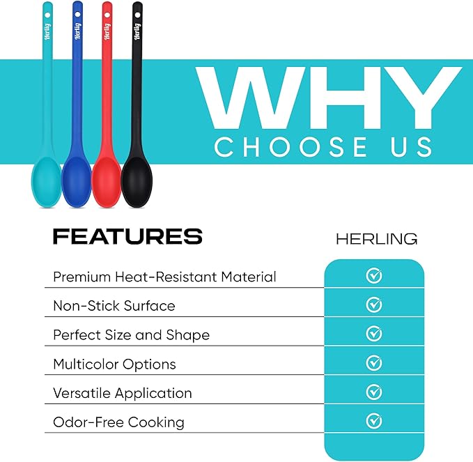 HERLIG™ 4 Pieces Large Silicone Mixing Spoon 12 Inches Heat Resistant Basting Spoon Food Grade Utensil Spoon Non-Stick Spoon for Mixing, Baking, Serving and Stirring