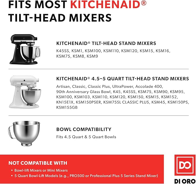 DI ORO Seamless Series Flex Edge Beater for KitchenAid Tilt-Head Stand Mixer - 4.5-5 Quart Flat Beater Paddle - Flexible Silicone Edges for Scraping and Mixing Bowls - Dishwasher Safe & BPA Free (Red)