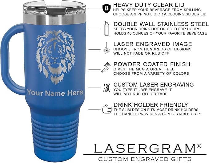 LaserGram 40oz Vacuum Insulated Travel Mug with Handle, Tiki Statue, Personalized Engraving Included (Dark Blue)