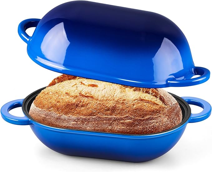 Onader 2.8QT Enameled Cast Iron Dutch Oven, Dutch Oven Pot with Lid for Sourdough Bread Baking, Oval Meatloaf Pan, Heavy Duty - Blue