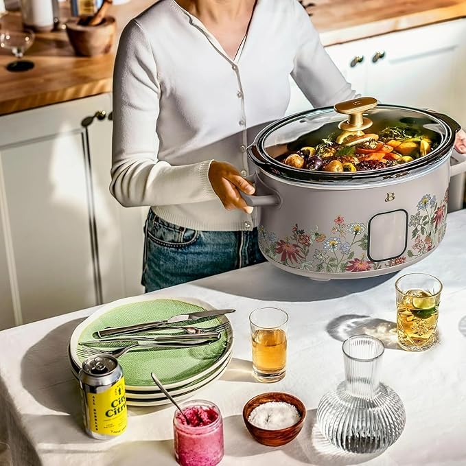Beautiful 6 Qt Programmable Slow Cooker by Drew Barrymore - 5 Preset Cooking Functions, Digital Countdown Timer, Dishwasher-Safe Parts, and Cool-Touch Handles (Wildflower Porcini Taupe)