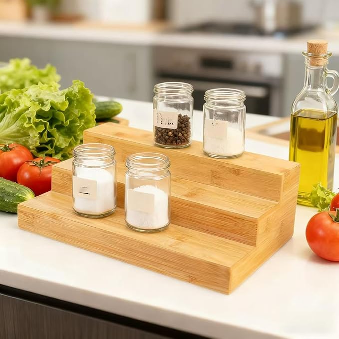 3-Tier Bamboo Spice Rack Organizer (2-Pack) - Countertop or Cabinet Storage Shelf for Kitchen Spices & Essentials