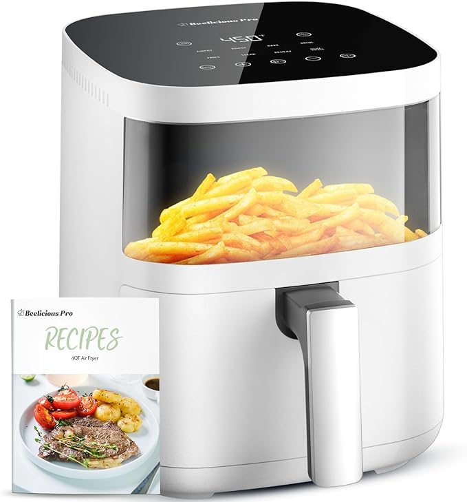 Air Fryer, Beelicious 8-in-1 Smart Compact 4QT Air Fryers with Viewing Window, Shake Reminder, 450°F Digital Airfryer with Flavor-Lock Tech, Dishwasher-Safe & Nonstick, Fit for 1-3 People, White