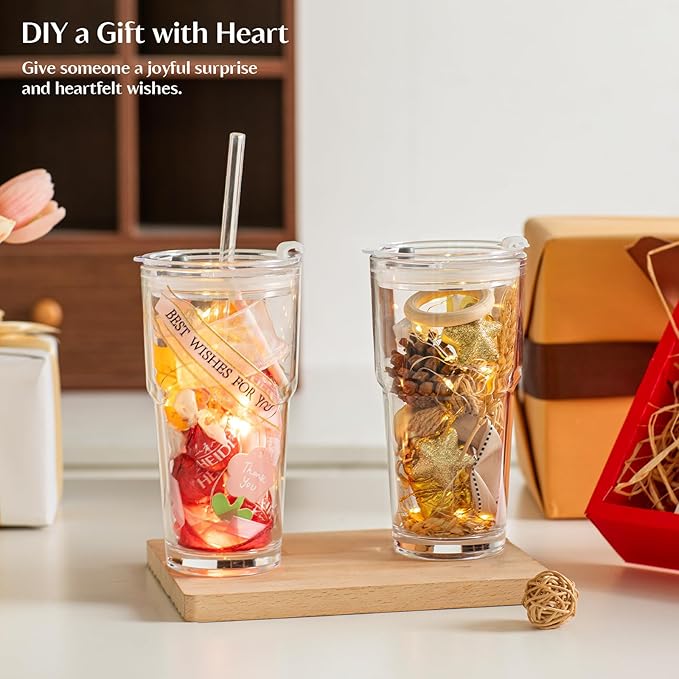 INSETLAN 20oz Glass Tumbler with Glass Straw and Lid, Set of 4 - Thickened Ice Coffee Cup, Glass Cup with Lid and Straw for Smoothie, Tea, Milk, Whiskey, Water and More – Elegant & Durable