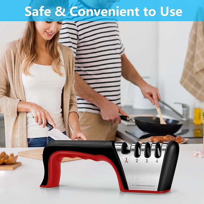 4-in-1 knife sharpener [4 stages], original quality polishing blade, the best kitchen tool for paring knives, steel knives and scissors - including a pair of anti-cutting gloves