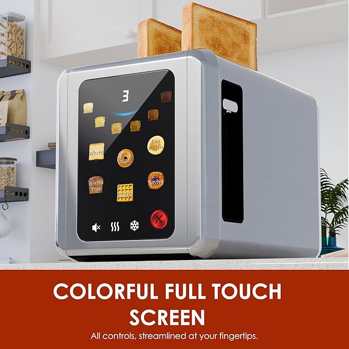 WHALL Full Touch Screen Toaster 2 Slice, 1.5'' Wide Slot Stainless Steel Toaster with Digital Timer, 6 Bread Types & 6 Shade Settings, Crumb Tray, Reheat/Defrost, Smart Toasters for Breads, Bagels