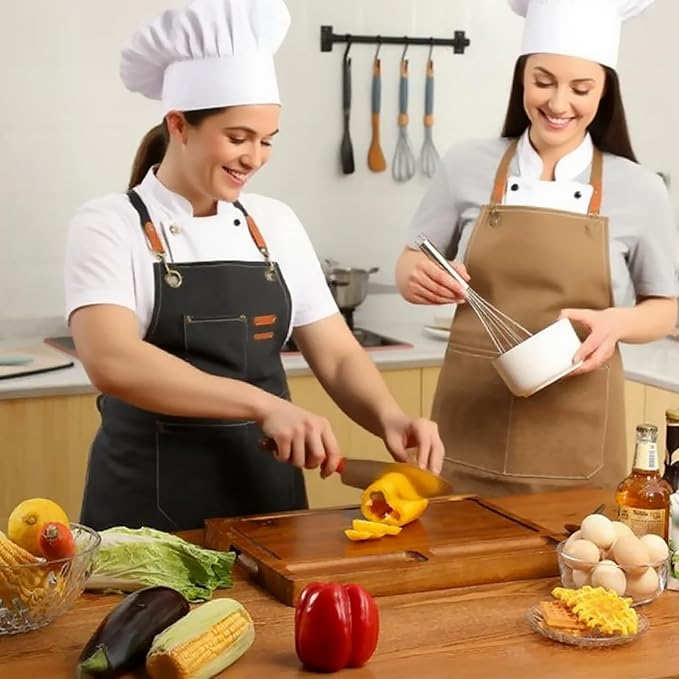 Canvas Apron with Cross Back Straps for Men & men,Chef & work Apron with Multiple Pockets for Cooking,BBQ,Workshop,Gardening and Crafts(Brown)