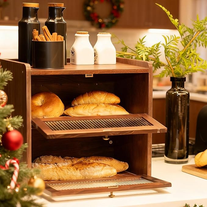 Solid Wood Bread Box for Kitchen Countertop with 50 Count Deli Paper, Double Layer Large Capacity Wooden Breadbox, Vintage Food Storage Container for Kitchen Counter Corner, Brown