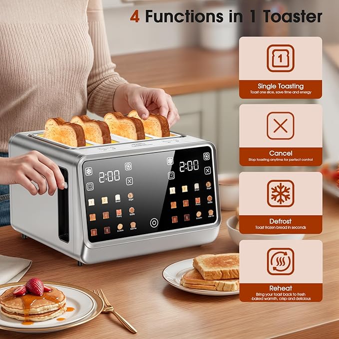 Smart Toaster 4 Slice Wide Slot– Dual Digital TouchScreen & Independent Control for Family | 1800W Stainless Steel for 6 Bread Types & Toast Settings | Defrost Reheat & Single-Slice Modes