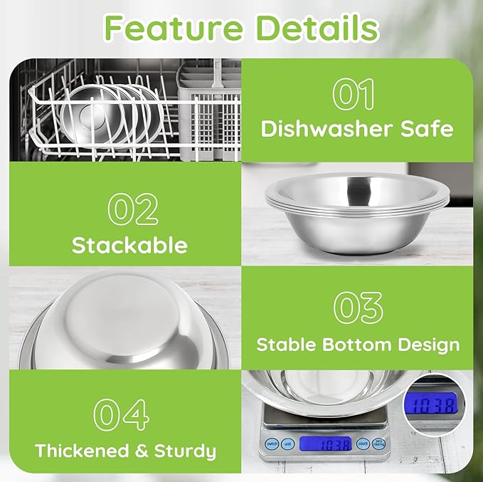 304(18/8) Stainless Steel Mixing Bowls for Kitchen, 4 Pack 6.3" 13.67 fl.oz Metal Mixing Bowls Set Stackable for Baking Serving Cooking Food Prep Storage Dishwasher Safe Heavy Duty