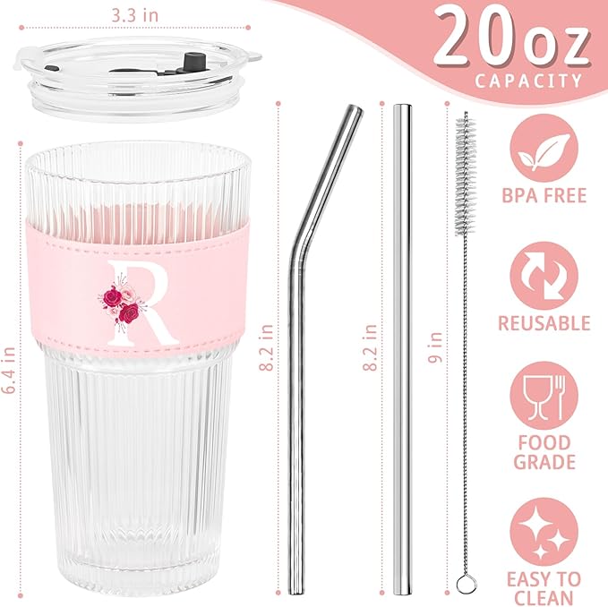 Personalized Gifts for Women,20oz Ribbed Glass Tumbler,Monogrammed Gifts for Women,Birthday Gift,Ice Coffee Mug,Christmas Gift for Mom Sister-R