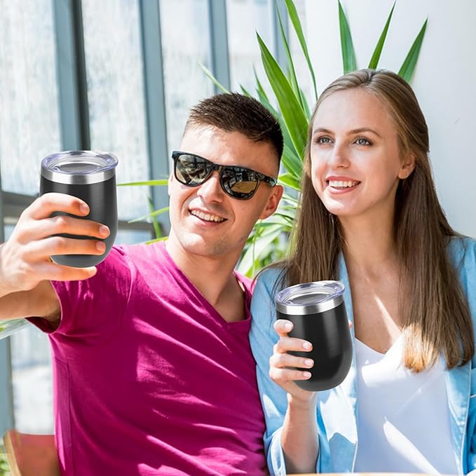 StarSpeed 12oz/6 Pack Wine Tumbler with lid, Stainless Steel Travel Mugs Stemless Double Wall Insulated Coffee Cup, Insulated Wine Glasses Travel Tumbler for Cold & Hot Drinks(Black, 6)