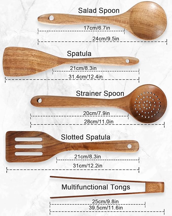 Handcrafted Acacia Wood Kitchen Utensil Set, 5-Piece Natural Brown Cooking Spoons and Slotted Spatulas, Premium Wooden Serving Tools for Kitchen (5Turner)