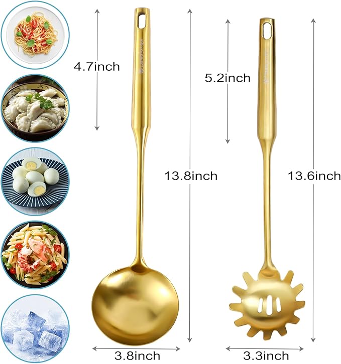 Gold Soup Ladle and Spaghetti Spoon Set - 18/10 Stainless Steel Soup Spoon，Pasta Strainer, [Heat Resistance，Integral Forming] Kitchen Utensils for Cooking，Stirring, Serving Pasta, Soup & Sauce，13.8"