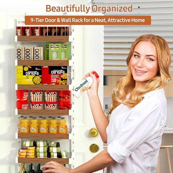 Over the Door Pantry Organizer: Pantry Organization and Storage with Hanging Basket - 9-Tier Metal Spice Rack Adjustable Shelves for Kitchen Bedroom Bathroom & Laundry Room White
