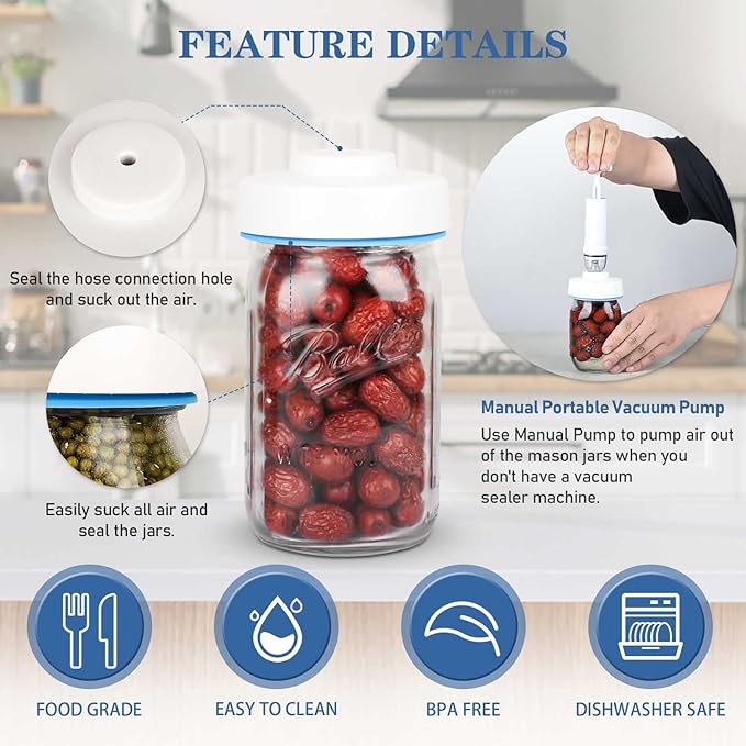Mason Jar Vacuum Sealer Kit with Accessory Hose for Wide and Regular Mouth Jars, Manual Portable Vacuum Pump and Lid Opener