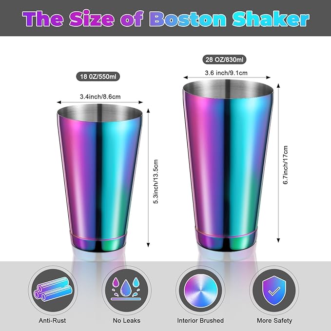 Sabary 6 Pcs Cocktail Shakers Professional Bar Shaker Boston Set Stainless Steel Martini Drink Mixer Basic Tool Weighted Shake Metal Can Cocktail Shaker Set, 18 Oz, 28 oz (Colorful)