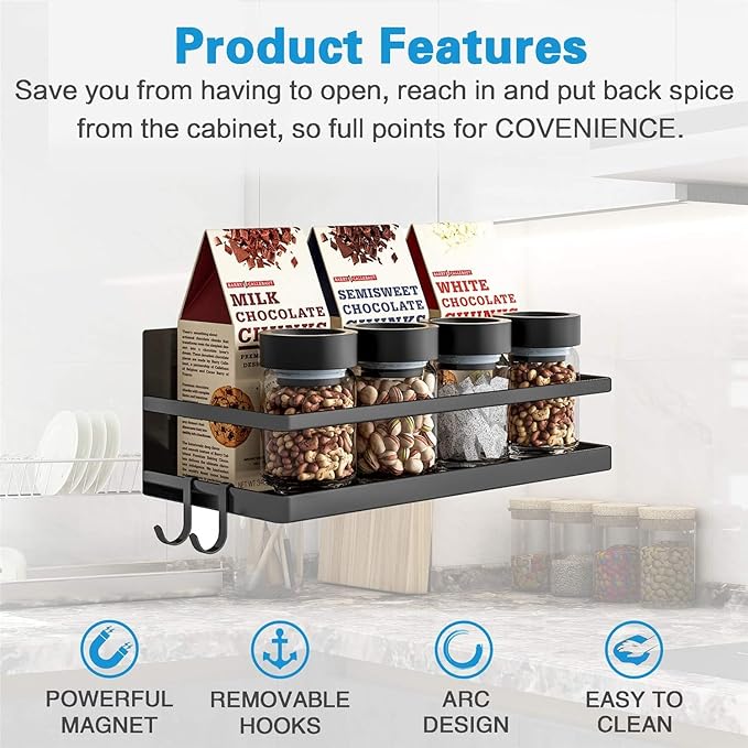 Magnetic Spice Rack for Refrigerator, Magnetic Spice Storage Rack Organizer for Fridge, Perfect Space Saver for Small Kitchen/Apartment (2, Black)