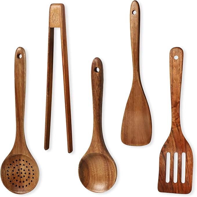 Handcrafted Acacia Wood Kitchen Utensil Set, 5-Piece Natural Brown Cooking Spoons and Slotted Spatulas, Premium Wooden Serving Tools for Kitchen (5Turner)