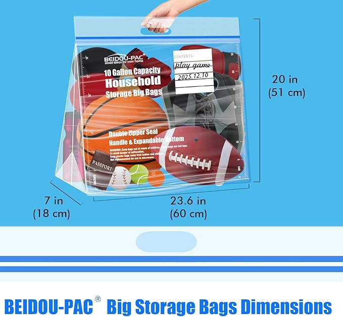 10 Gallon Large Storage Bags with Handle, 25 Counts | Double Zipper Seal | Expandable Bottom, Resealable Clear zip Bags