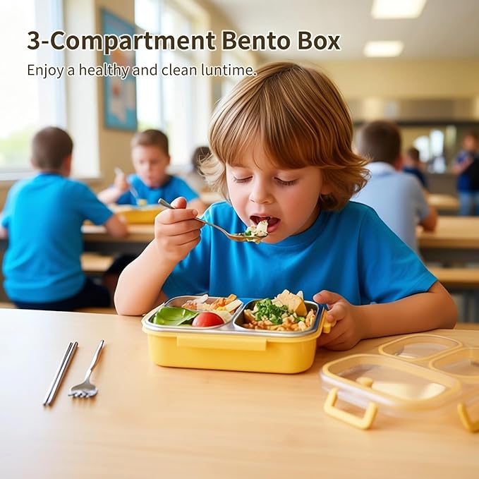 Stainless Steel Bento Box, 3-Compartment Lunch Container, 25 oz Leakproof Food Storage Container with Utensils for Work, Picnic, Yellow