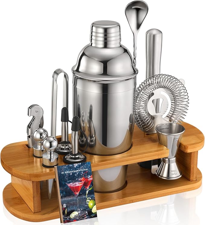 Cocktail Shaker Set Bartender Kit: 13-Pcs Bar Tools Set with Bamboo Stand, Essential Bar Accessories for Home: 25oz Martini Shaker, Jigger, Bar Spoon, Professional Cocktails Kit for Drink Mixing |Gift