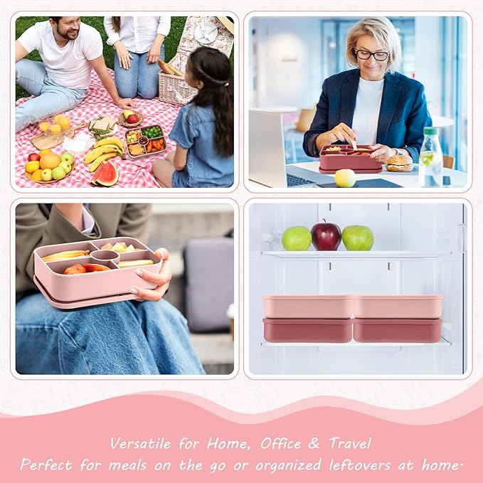 4 Pack Silicone Bento Boxes for Adults, 5 Compartment Reusable Lunch Containers with Sauce Section, Leakproof Meal Prep Snack Box Microwave & Dishwasher Safe for Work School Office(Pink Green Color)
