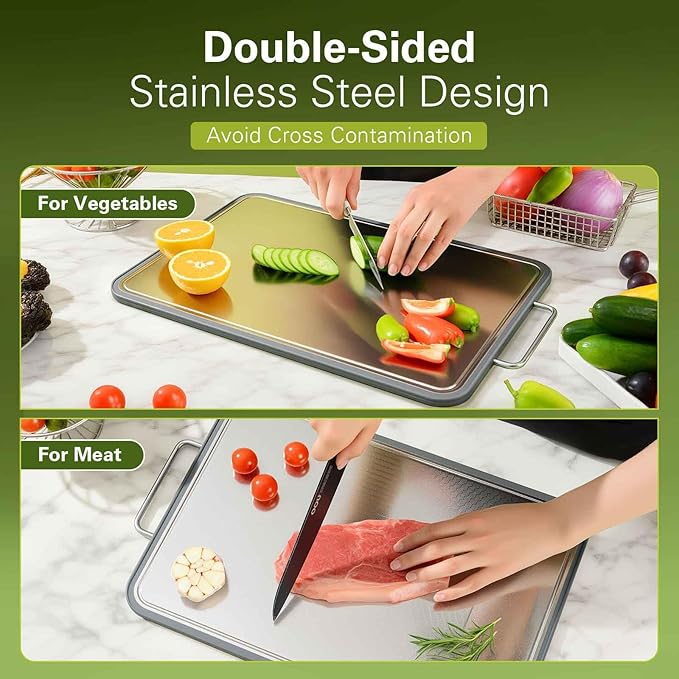 Double-Sided Stainless Steel Cutting Board for Kitchen, 16''×11'' Scratch-Resistant Cutting Board for Meat, Vegetables & Fruits, Rust-Resistant Chopping Board with Juice Groove on Both Sides
