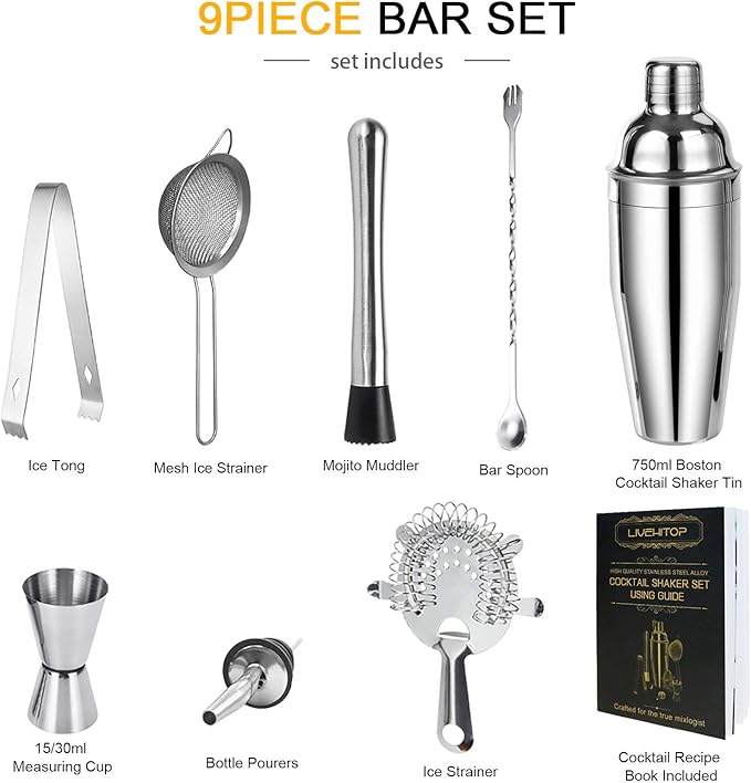 LIVEHITOP Cocktail Shaker Set, Stainless Steel Bartending Kit with 25 oz Martini Shaker, Jigger, Strainer, Mixing Spoon, Muddler, Recipe, Professional Bar Tools Gifts for Him Her