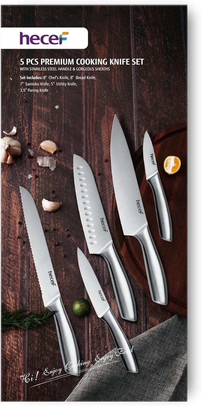 hecef Silver Kitchen knife set of 5, Satin Finish Blade with Hollow Handle, includes 8" Chef, 8" Bread, 8" Santoku, 5" Utility and 3.5" paring knife