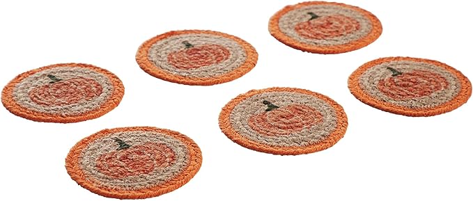 VHC Brands Harvest Blessings Natural Stencil Pumpkin Jute Coaster Set of 6, Decorative Fall Coasters, Table Decor for Fall Thanksgiving and Halloween