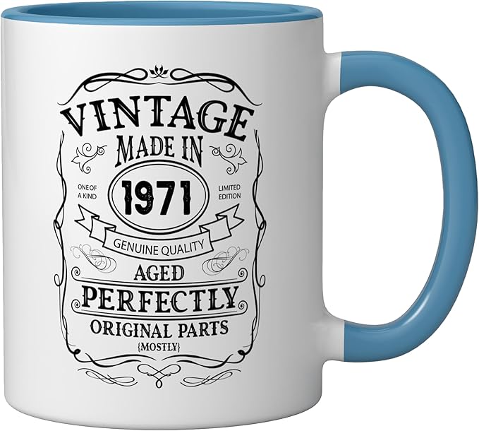 54th birthday, retro Vintage Design, man, woman 1971 Ceramic Mug, Blue/White