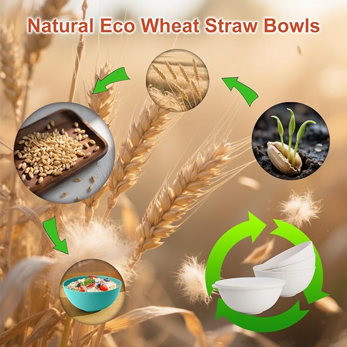 Wrova alternative plastic bowl set with lids,unbreakable wheat straw bowls 40oz suitable for indoors and outdoors,overnight foods container with cover. White