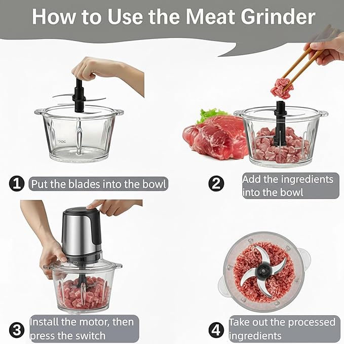 Simple Deluxe Electric Meat Grinders, 450W Mini Food Processor & Food Chopper with 2 Bowls (8 Cup+8 Cup) and 2 Bi-Level Blades for Fruits, Meat, Nuts, Baby Food, Silver