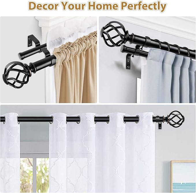 KAMANINA 1 Inch Double Curtain Rod 72 to 144 Inches (6-12 Feet), Black Curtain Rods for Windows 66 to 120, Heavy Duty Telescoping Drapery Rods with Twisted Cage Finials