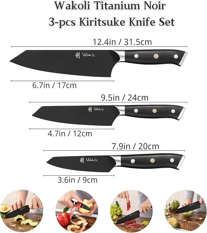 Wakoli Titanium Noir Kitchen Knife Set – 3-Piece Professional Kiritsuke Chef Knife Set | 5Cr15MoV Stainless Steel Blades with Black Titanium Coating | Ergonomic G10 Handles | Wooden Gift Box