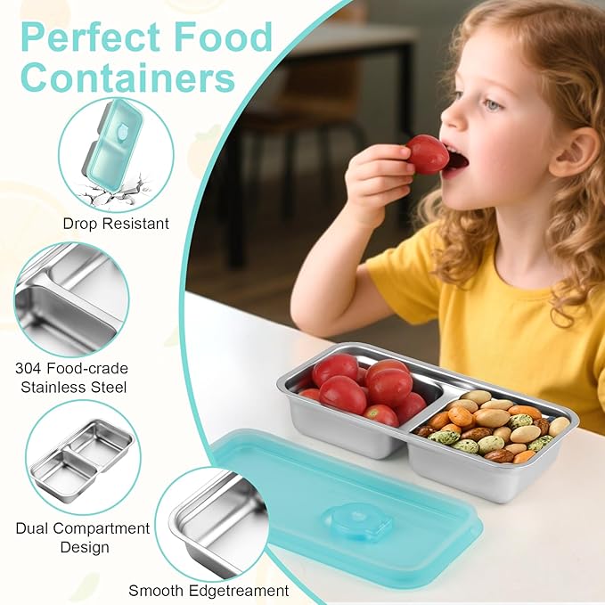 KITHELP 4 Pcs Grab and Go Snack Containers Reusable with Lids, Stainless Steel Double Compartment Snack Containers with 2 Forks 2 Spoons and 2 Salad Dressing Container, for Camping, Lunch, Dessert