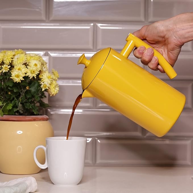 Frieling Stainless Steel French Press Coffee Maker - 34 Fl Oz, Yellow - Double-Walled with Double Filter - Insulated Plastic-Free Coffee Press for Camping & Travel