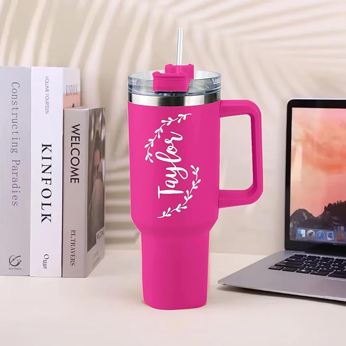 ThermoThrill Ships Next Day, Personalized 40 Oz Tumbler with Handle and Straw Custom Tumbler with Text Stainless Steel Mug Birthday Gifts for Women