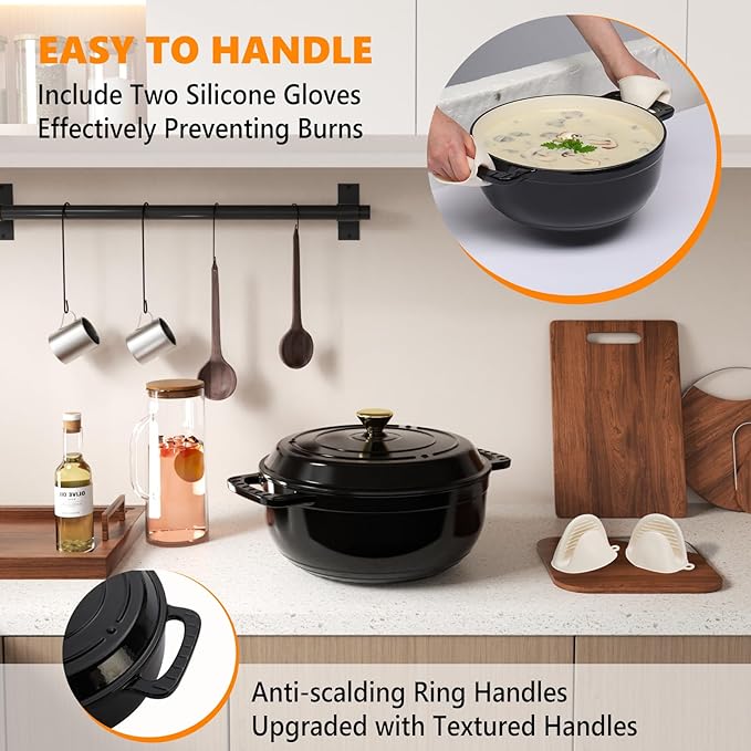 ROVSUN Enameled Cast Iron Round Dutch Oven, 6QT Pot with Lid &Dual Handles with Silicone Gloves,Oven Safe up to 500°F, Heavy-Duty Pre-Seasoned Cookware for Bread Baking, Braising, Stews, Roasting, Black