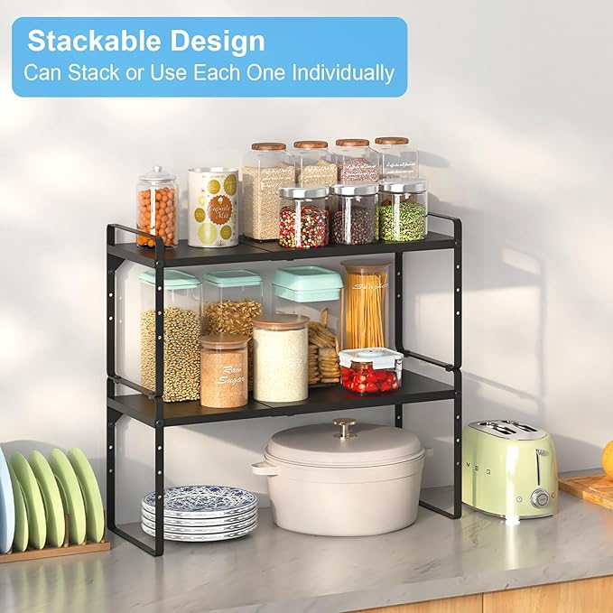 15.5 to 25.5 Inch Kitchen Cabinet Shelf Organizers, Adjustable Kitchen Counter Shelf Organizer, Set of 3 Expandable Countertop Storage Shelves, Stackable Design, 30LBS Heavy Duty, Space Saver