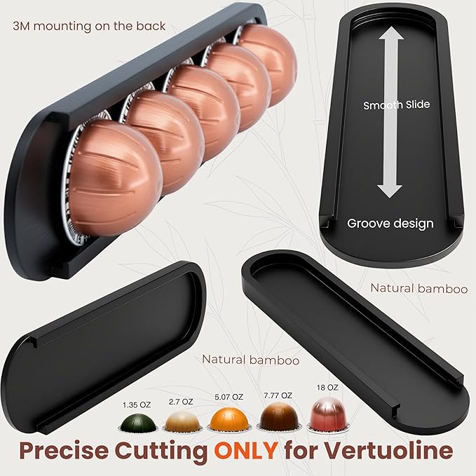 Bamboo Coffee Pod Holder, Adhesive Wall Mount for Cabinet Door, 20-Capsule Storage (Set of 4) — Vertical/Horizontal — Compatible with Nespresso Vertuo Line-Black