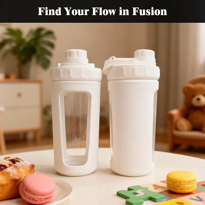 BYLWORKOUT Glass Shaker Bottle Holds upto 28oz | No Blending Ball or Whisk | Removable Plastic Mixer Included | Portable Drink Water Bottle Glass with Silicone Sleeve (White)