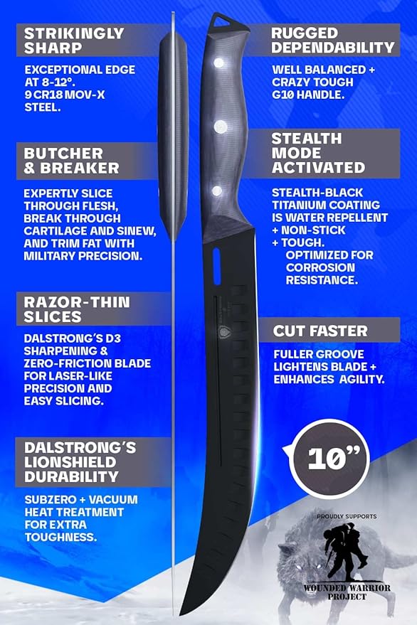 Dalstrong Butcher Knife - 10 inch Delta Wolf Series - Ultra-Thin Zero Friction Blade - HC 9CR18MOV Steel - Black Titanium Nitride Coating - Breaking Knife - G10 Camo Handle - Leather Sheath