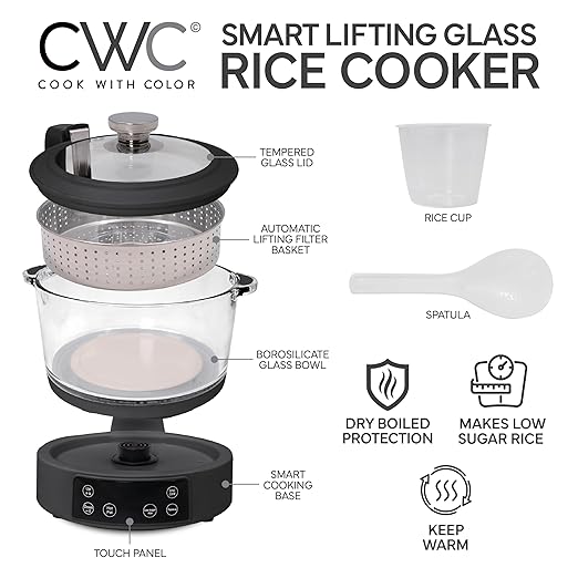 COOK WITH COLOR 3L Glass Mini Low Carb Rice Cooker – Holds 2 Cups Raw/Makes 6 Cups Cooked with Auto Lift Filter Basket, Hotpot & Steamer for Rice, Grains, Digital Panel with Keep Warm, Black