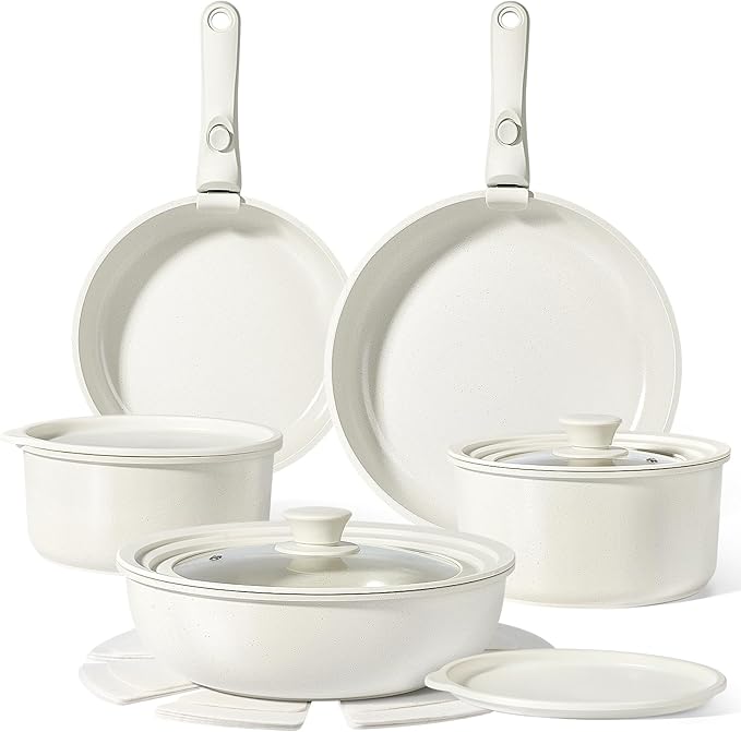GiPP Ceramic Pots and Pans Set Non Stick, Nonstick Detachable Handle Cookware Sets, Healthy Non Toxic PFAS PFOA & PTFE Free, Dishwasher ＆Oven Safe, Induction Kitchen Pot and Pan, 15 Piece Cream