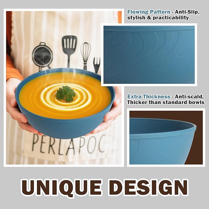 Unbreakable Cereal Bowls 40 OZ, Wheat Straw Bowls Set of 6, Alternative Plastic Bowls for Kitchen, Outdoors, Microwave & Dishwasher Safe Bowl Set for Salad, Cereal, Snack, Ramen, Multi